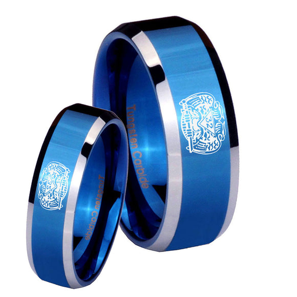 His Hers Masonic 32 Degree Freemason Beveled Edges Blue 2 Tone Tungsten Engagement Ring Set