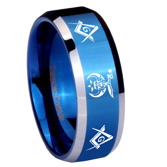 10mm Masonic Shriners Beveled Edges Blue 2 Tone Tungsten Men's Band Ring