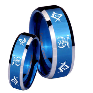 His Hers Masonic Shriners Beveled Blue 2 Tone Tungsten Mens Engagement Band Set