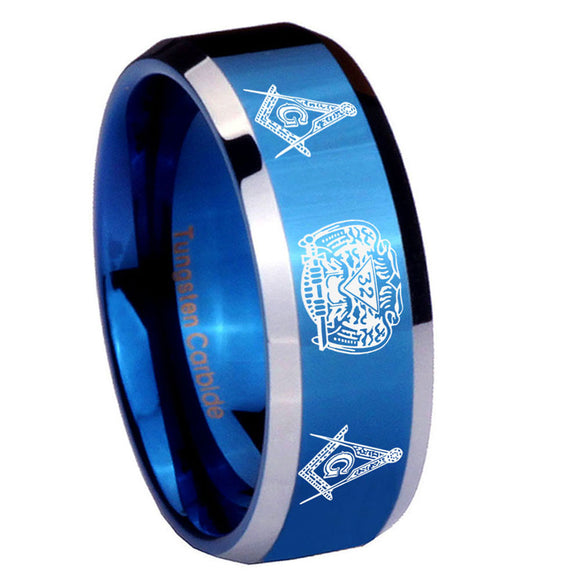 10mm Masonic 32 Design Beveled Edges Blue 2 Tone Tungsten Mens Ring Engraved