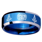 10mm Masonic 32 Design Beveled Edges Blue 2 Tone Tungsten Mens Ring Engraved