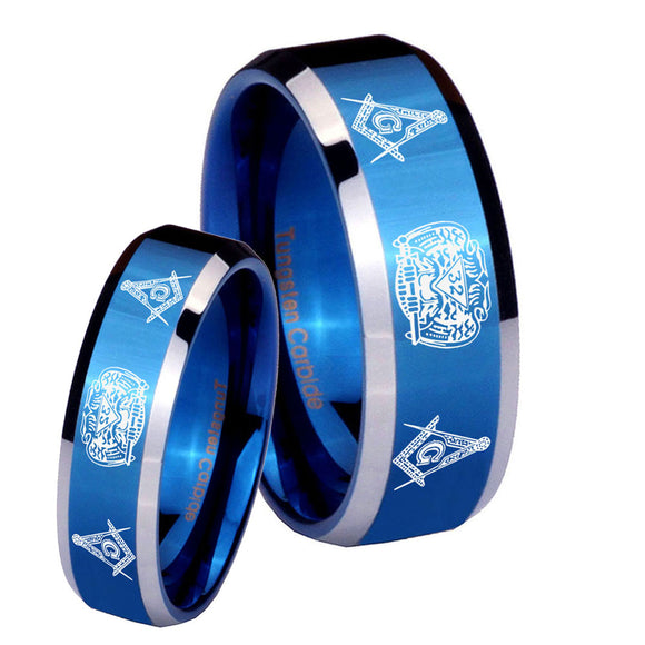 His Hers Masonic 32 Design Beveled Edges Blue 2 Tone Tungsten Ring Set