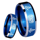 8mm Masonic 32 Design Beveled Edges Blue 2 Tone Tungsten Men's Promise Rings