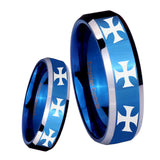 8mm Multiple Maltese Cross Beveled Blue 2 Tone Tungsten Wedding Bands Ring