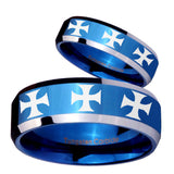 His Hers Multiple Maltese Cross Beveled Blue 2 Tone Tungsten Men Ring Set