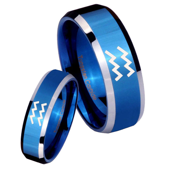 His Hers Aquarius Horoscope Beveled Edges Blue 2 Tone Tungsten Mens Ring Set