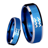 8mm Aquarius Horoscope Beveled Edges Blue 2 Tone Tungsten Men's Engagement Ring