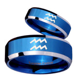 His Hers Aquarius Horoscope Beveled Edges Blue 2 Tone Tungsten Mens Ring Set