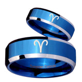 His Hers Aries Zodiac Beveled Edges Blue 2 Tone Tungsten Men's Ring Set