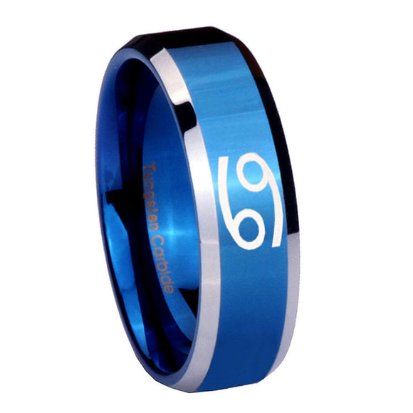10mm Cancer Horoscope Beveled Edges Blue 2 Tone Tungsten Mens Ring Personalized