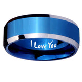 10mm I Love You Beveled Edges Blue 2 Tone Tungsten Carbide Men's Wedding Band