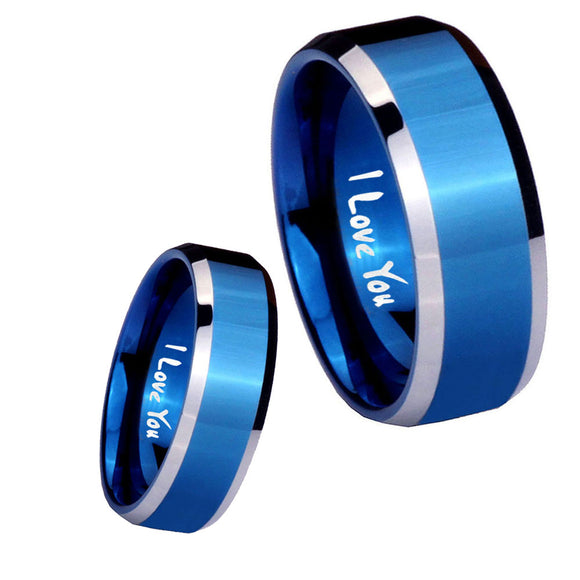 His and Hers I Love You Beveled Edges Blue 2 Tone Tungsten Bands Ring Set