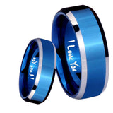8mm I Love You Beveled Edges Blue 2 Tone Tungsten Wedding Engagement Ring