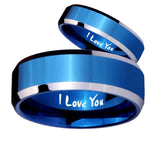 His and Hers I Love You Beveled Edges Blue 2 Tone Tungsten Bands Ring Set