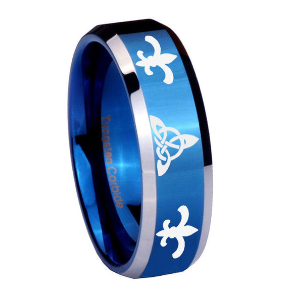 8mm Celtic Triangle Fleur De Lis Beveled Blue 2 Tone Tungsten Men's Bands Ring