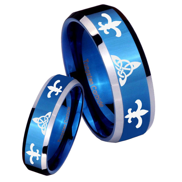 His Hers Celtic Triangle Fleur De Lis Beveled Blue 2 Tone Tungsten Custom Mens Ring Set