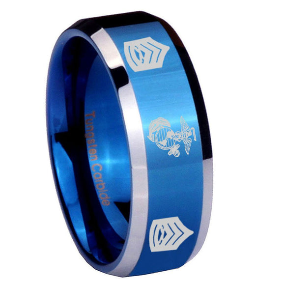 8mm Marine Army Sergeant Beveled Edges Blue 2 Tone Tungsten Mens Ring Personalized