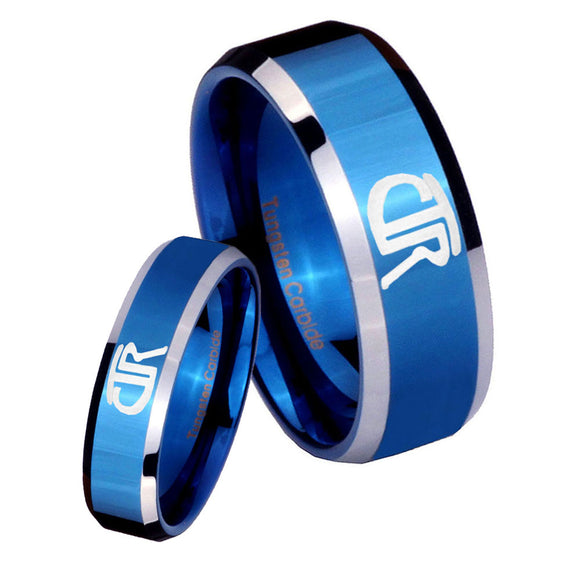 His Hers CTR Beveled Edges Blue 2 Tone Tungsten Custom Ring for Men Set