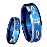 8mm Fish & Cross Beveled Edges Blue 2 Tone Tungsten Carbide Engagement Ring