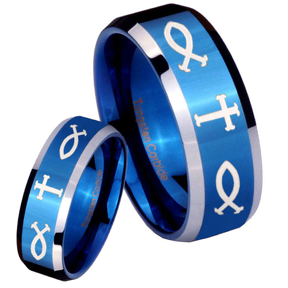 His Hers Fish & Cross Beveled Edges Blue 2 Tone Tungsten Men's Band Ring Set