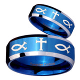 His Hers Fish & Cross Beveled Edges Blue 2 Tone Tungsten Men's Band Ring Set