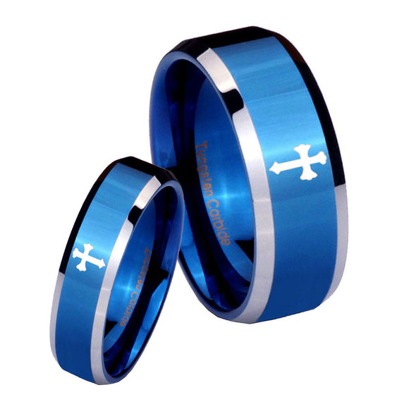 His Hers Flat Christian Cross Beveled Blue 2 Tone Tungsten Mens Bands Ring Set