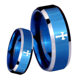 8mm Flat Christian Cross Beveled Edges Blue 2 Tone Tungsten Engraved Ring