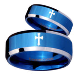 His Hers Flat Christian Cross Beveled Blue 2 Tone Tungsten Mens Bands Ring Set