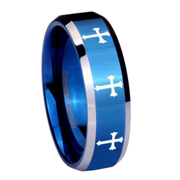 8mm Multiple Christian Cross Beveled Blue 2 Tone Tungsten Custom Mens Ring