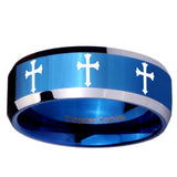 10mm Multiple Christian Cross Beveled Edges Blue 2 Tone Tungsten Promise Ring