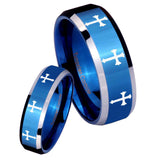 His Hers Multiple Christian Cross Beveled Blue 2 Tone Tungsten Engraved Ring Set