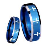 8mm Multiple Christian Cross Beveled Blue 2 Tone Tungsten Custom Mens Ring