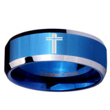 10mm Flat Christian Cross Beveled Edges Blue 2 Tone Tungsten Personalized Ring