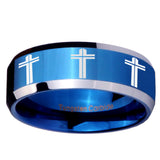 10mm Multiple Christian Cross Beveled Edges Blue 2 Tone Tungsten Rings for Men