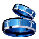 His Hers Multiple Christian Cross Beveled Blue 2 Tone Tungsten Mens Ring Set