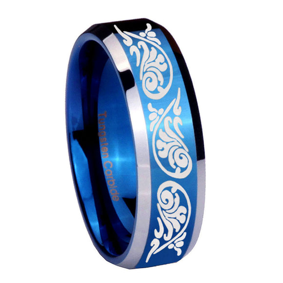 10mm Etched Tribal Pattern Beveled Edges Blue 2 Tone Tungsten Wedding Band Mens