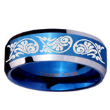 10mm Etched Tribal Pattern Beveled Edges Blue 2 Tone Tungsten Wedding Band Mens