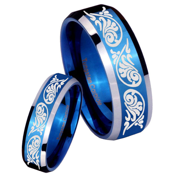 His Hers Etched Tribal Pattern Beveled Blue 2 Tone Tungsten Mens Bands Ring Set
