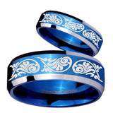 His Hers Etched Tribal Pattern Beveled Blue 2 Tone Tungsten Mens Bands Ring Set