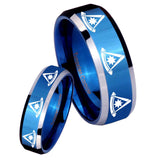 His Hers Multiple Pester Master Masonic Beveled Blue 2 Tone Tungsten Mens Ring Set