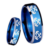 8mm Multiple Anchor Beveled Edges Blue 2 Tone Tungsten Men's Promise Rings