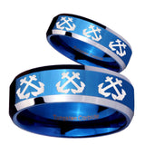 His Hers Multiple Anchor Beveled Edges Blue 2 Tone Tungsten Ring Set