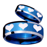 His Hers Multiple Heart Beveled Edges Blue 2 Tone Tungsten Wedding Band Mens Set