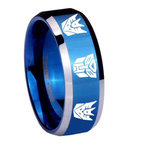 8mm Transformers Autobot Decepticon Beveled Blue 2 Tone Tungsten Custom Ring for Men
