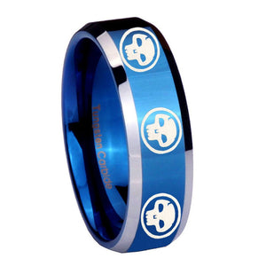 8mm Multiple Skull Beveled Edges Blue 2 Tone Tungsten Mens Ring Engraved