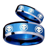 His Hers Multiple Skull Beveled Edges Blue 2 Tone Tungsten Men Band Set