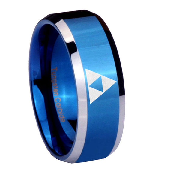 8mm Zelda Triforce Beveled Edges Blue 2 Tone Tungsten Carbide Mens Bands Ring
