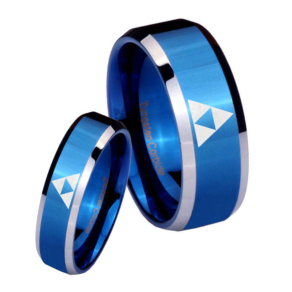 His Hers Zelda Triforce Beveled Blue 2 Tone Tungsten Men's Engagement Band Set