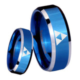 8mm Zelda Triforce Beveled Edges Blue 2 Tone Tungsten Carbide Mens Bands Ring