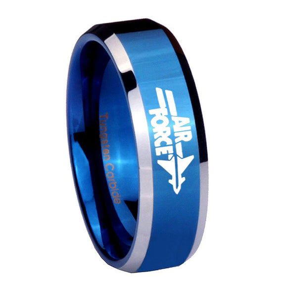 8MM Shiny Blue Air Force Bevel Edges 2 Tone Tungsten Laser Engraved Ring